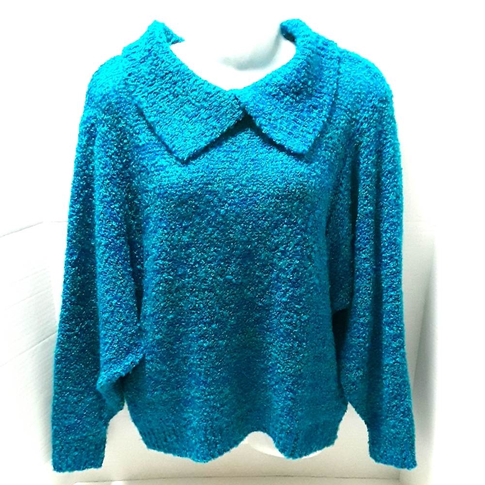Vintage Collage Knit Sweater Loose Blue L